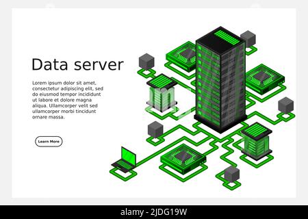 Concept of data network management .Vector isometric map with business networking servers computers and devices.Cloud storage data and synchronization Stock Vector