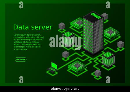 Concept of data network management .Vector isometric map with business networking servers computers and devices.Cloud storage data and synchronization Stock Vector