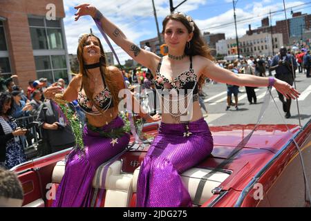 People in costumes participate in Coney Island's annual Mermaid Parade on June 18, 2022 in New York City. Stock Photo