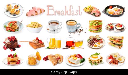 Collection of tasty breakfasts on white background Stock Photo