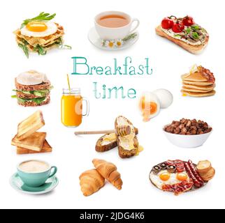 Collection of tasty breakfasts on white background Stock Photo