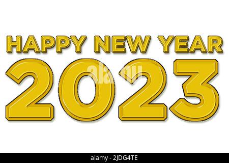 Happy new year 2023 illustration in yellow color text on white background Stock Photo