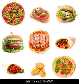 Set of different tasty fast food isolated on white Stock Photo
