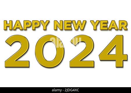 Happy new year 2024 illustration in yellow color text on white background Stock Photo