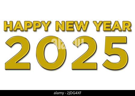 Happy new year 2025 illustration in yellow color text on white background Stock Photo