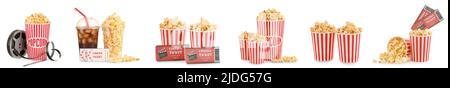 Set of tasty popcorn with cold cola, cinema tickets and film reel on white background Stock Photo