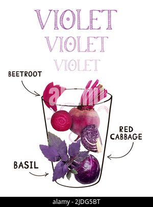 Drawn glass with violet vegetables for healthy juice on white background Stock Photo