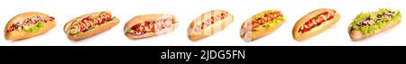 Set of different delicious hot dogs isolated on white Stock Photo