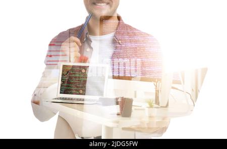 Double exposure of young male programmer and modern computers in office on white background Stock Photo