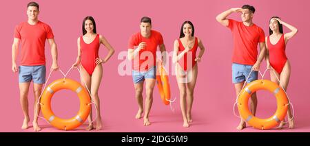 Set of beach rescuers on pink background Stock Photo