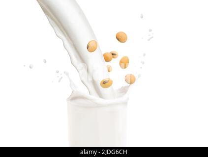 Soy beans and milk jet fill glass with splash close-up isolated on white background Stock Photo