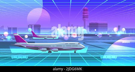 airport terminal with aircraft flying plane taking off neon view through VR glasses metaverse virtual reality technology Stock Vector