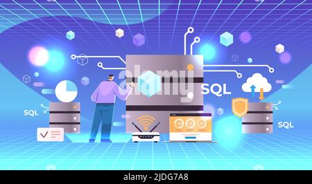 man admin in virtual reality glasses working with dataserver SQL structured query language vr vision headset innovation metaverse Stock Vector