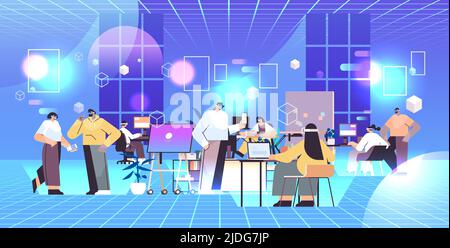 businesspeople in digital glasses working and discussing during conference meeting in office vr vision headset innovation metaverse Stock Vector