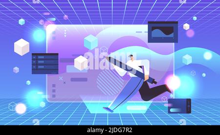 designer in digital glasses drawing in graphic editor creating website user interface vr vision headset innovation metaverse Stock Vector