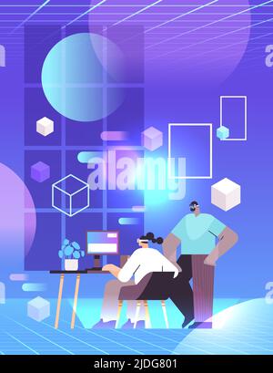 businesspeople in digital glasses working on computer at workplace in office vr vision headset innovation metaverse Stock Vector