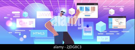 web developer in digital glasses creating program code development of software vr vision headset innovation metaverse Stock Vector