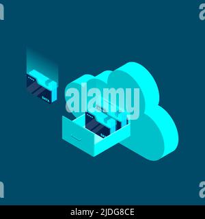 Cloud data storage 3d isometric business technology. Document drawer in cloud-shaped cabinet. Vector illustration Stock Vector