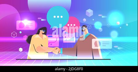 businesspeople in vr glasses shaking hands virtual reality vision headset innovation metaverse partnership teamwork Stock Vector