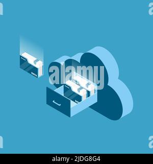 Cloud data storage 3d isometric business technology. Document drawer in cloud-shaped cabinet. Vector illustration Stock Vector