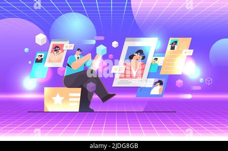 businesspeople in vr glasses discussing during video call virtual reality vision headset innovation metaverse concept Stock Vector