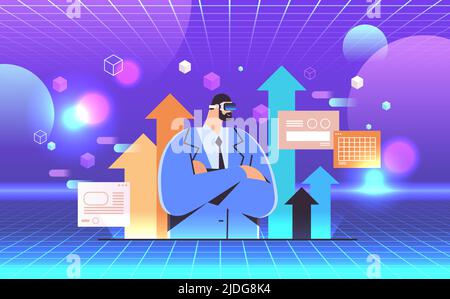 successful businessman in vr glasses with going up arrows growth success achievement leadership concept Stock Vector