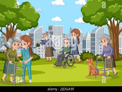 Outdoor park with elderly people and caregivers illustration Stock Vector