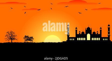 Evening mosque silhouette with birds and trees. Ramadan kareem banner. Vector illustration Stock Vector