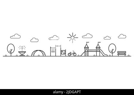 Children playground with swings, slider and bench in park. Entertainment in kids area. Outline city landscape. Vector Stock Vector