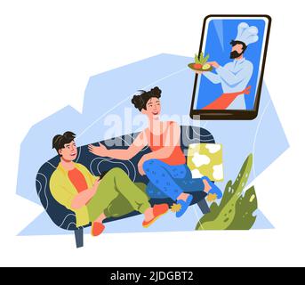 Takeout restaurant food delivery and takeaway services banner template with people making meal order from home, flat vector illustration isolated on w Stock Vector
