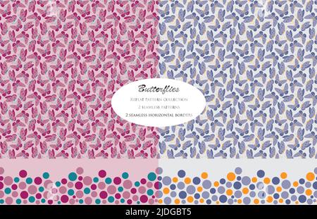 Set of butterflies vector repeat patterns with 2 horizontal seamless borders. Great for fashion fabric, textile, wrapping, backgrounds and packaging Stock Vector
