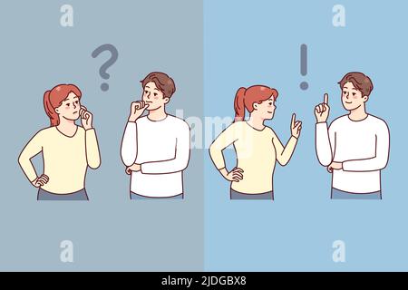 Couple feeling confused thinking of problem solution. Pensive man and woman consider solving issue and finding answer. Teamwork concept. Vector illustration.  Stock Vector