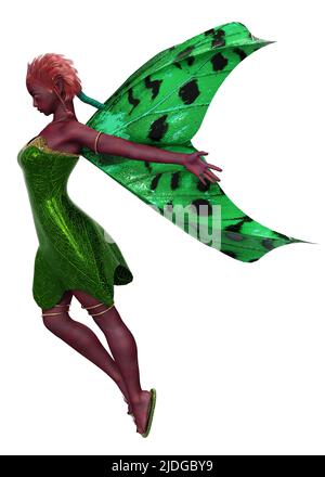 Fantasy fairy with red hair and skin, green wings and dress, 3D Illustration. Stock Photo