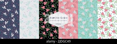 Set of Cute butterflies garden vector seamless patterns for fashion fabric,textile, packaging,scrapbooking,wallpapers. 6 pattern in one eps file Stock Vector