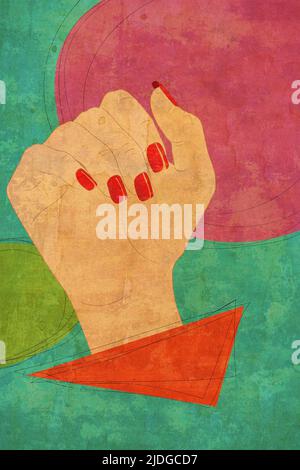 Human hand with caucasian skin and square nails covered with red polish over decorative geometric shapes textured illustration. Stock Photo