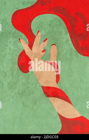 Human hand with caucasian skin and square nails covered with red polish over decorative geometric shapes textured illustration. Stock Photo