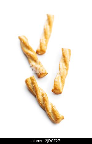 Salted pretzel sticks. Salted crackers isolated on a white background. Stock Photo