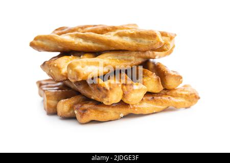 Salted pretzel sticks. Salted crackers isolated on a white background. Stock Photo