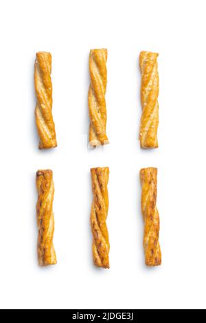 Salted pretzel sticks. Salted crackers isolated on a white background. Stock Photo