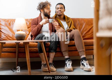 Male gay couple talking on a couch at home Stock Photo