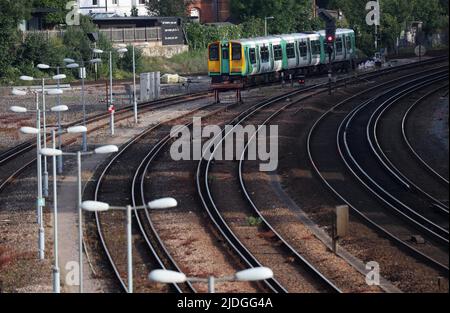 Brighton, UK. 21st June, 2022. Trains standing in rail sidings near Preston Park Station on the morning of the first National Rail Strike. Credit: James Boardman/Alamy Live News Stock Photo