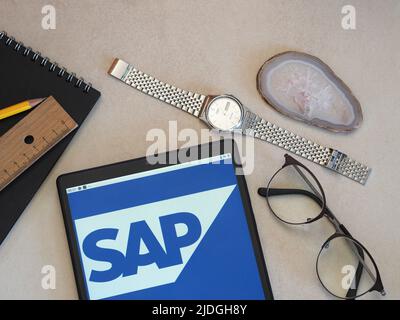 In this photo illustration SAP SE logo seen displayed on a tablet Stock Photo