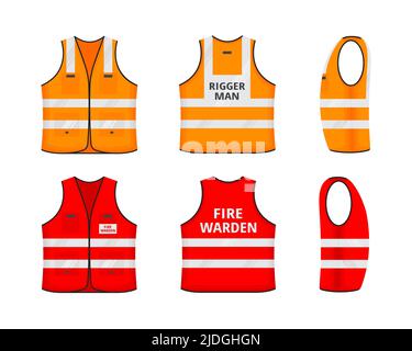 Safety reflective vest with labels tag flat style design vector illustration set. Red and orange fluorescent security safety work jacket with reflecti Stock Vector