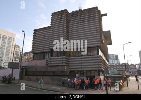 New Street, Birmingham, England, June 21st 2022. Rail workers on the picket line outside Birmingham's New Street Signal Box. They are striking for a 7 percent wage increase across the British networks after RMT Unions failed to reach an agreement. Pic by Credit: Stop Press Media/Alamy Live News Stock Photo