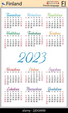 Finnish vertical pocket calendar for 2023 (two thousand twenty three). Week starts Sunday. New year. Color simple design. Vector Stock Vector