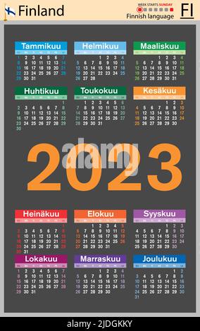 Finnish vertical pocket calendar for 2023 (two thousand twenty three). Week starts Sunday. New year. Color simple design. Vector Stock Vector