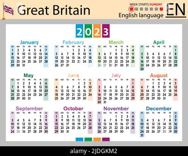 English horizontal pocket calendar for 2023 (two thousand twenty three). Week starts Sunday. New year. Color simple design. Vector Stock Vector