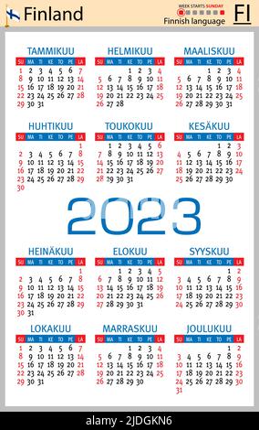 Finnish vertical pocket calendar for 2023 (two thousand twenty three). Week starts Sunday. New year. Color simple design. Vector Stock Vector