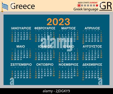 Greek horizontal pocket calendar for 2023 (two thousand twenty three). Week starts Sunday. New year. Color simple design. Vector Stock Vector