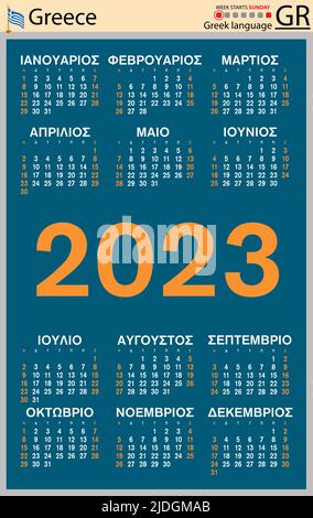 Greek vertical pocket calendar for 2023 (two thousand twenty three). Week starts Sunday. New year. Color simple design. Vector Stock Vector